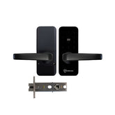 Black door handles and lock mechanism on a white background