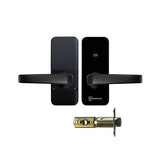 Black door handles with a digital lock mechanism on a white background