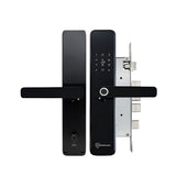Black electronic door lock with digital keypad on a white background