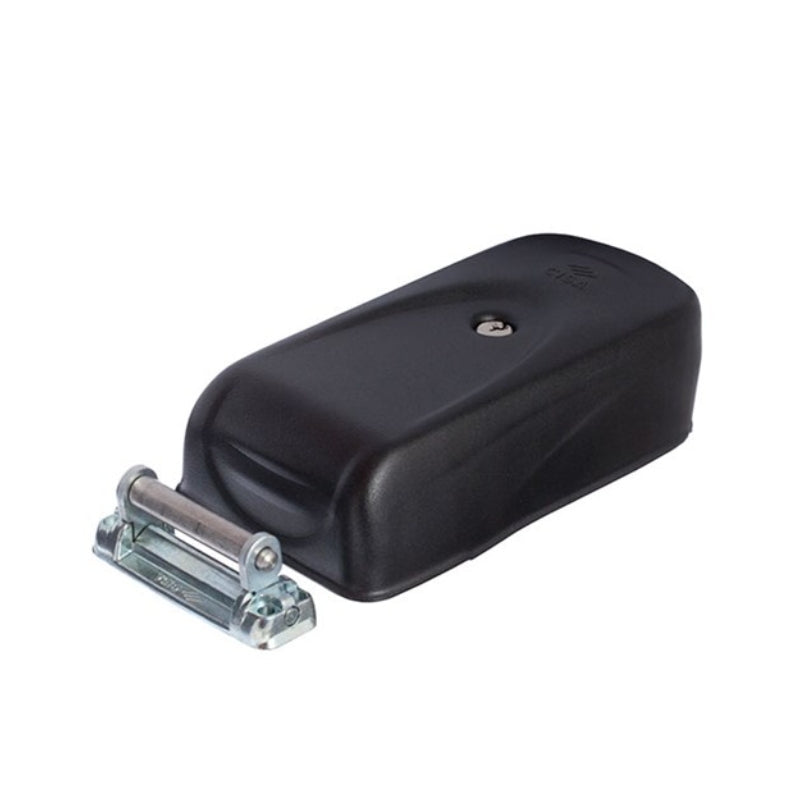 Black mechanical component with metal roller on a white background