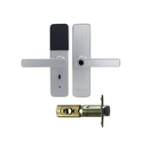 Silver door handle and lock mechanism on a white background