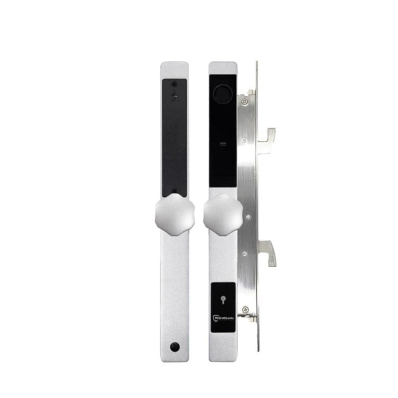 Digital door lock with electronic components on a white background