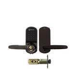 Black door handle with electronic keypad lock on a white background