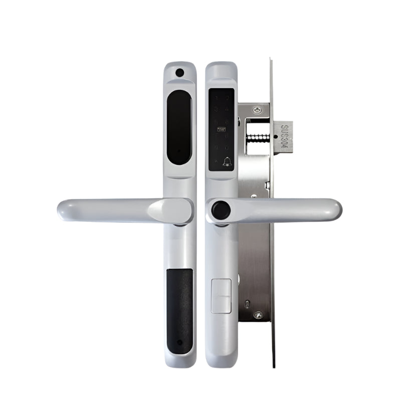 Digital door handle with electronic lock mechanism on a white background