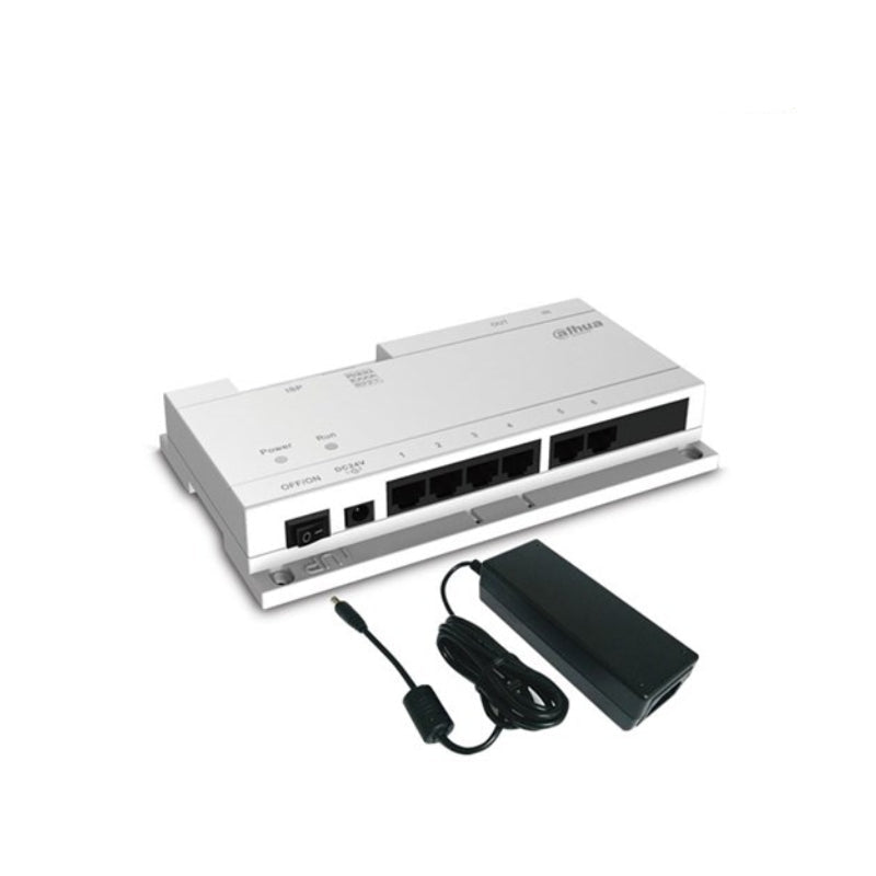 Network switch with power adapter on a white background