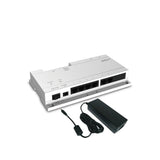 Network switch with power adapter on a white background