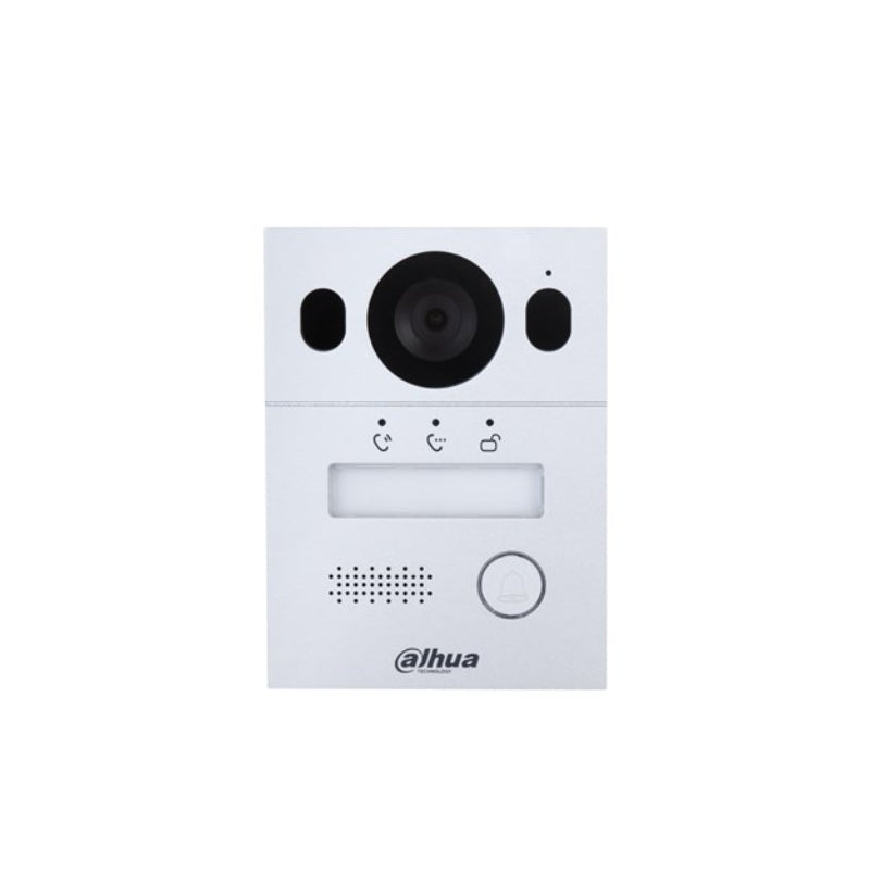 White doorbell panel with speaker and buttons on a white background, featuring the Dahua logo.