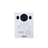 White doorbell panel with speaker and buttons on a white background, featuring the Dahua logo.