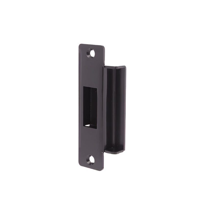 Black metal door handle on a white background
