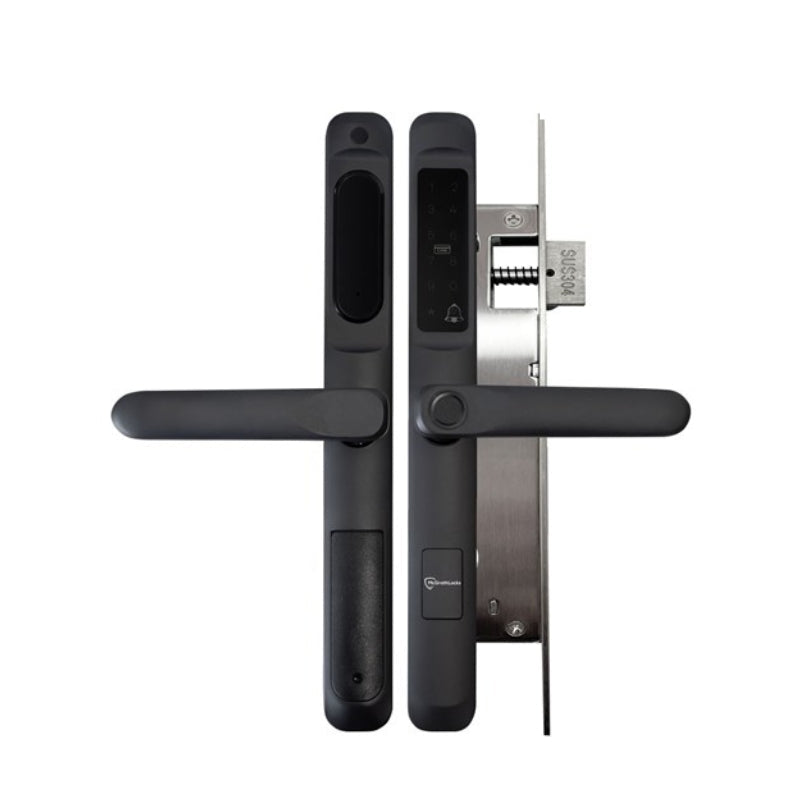 Black door handle with electronic lock mechanism on a white background