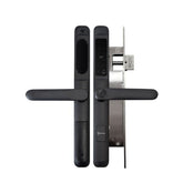 Black door handle with electronic lock mechanism on a white background