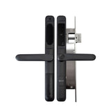 Black door handle with electronic lock mechanism on a white background