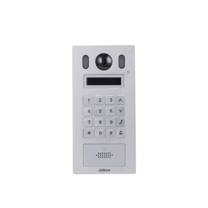 White intercom system panel with keypad and camera on a white background