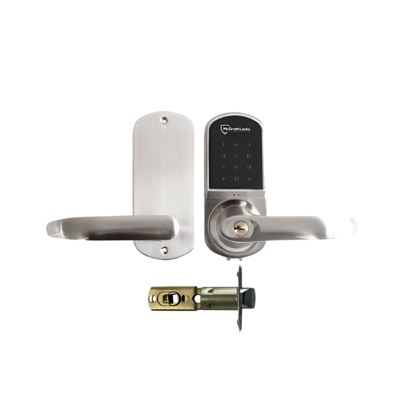 Stainless steel door handle with electronic lock on a white background