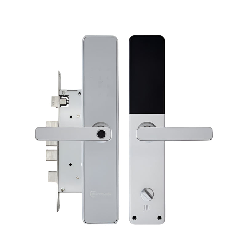 Silver door handle with electronic keypad on a white background