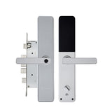 Silver door handle with electronic keypad on a white background