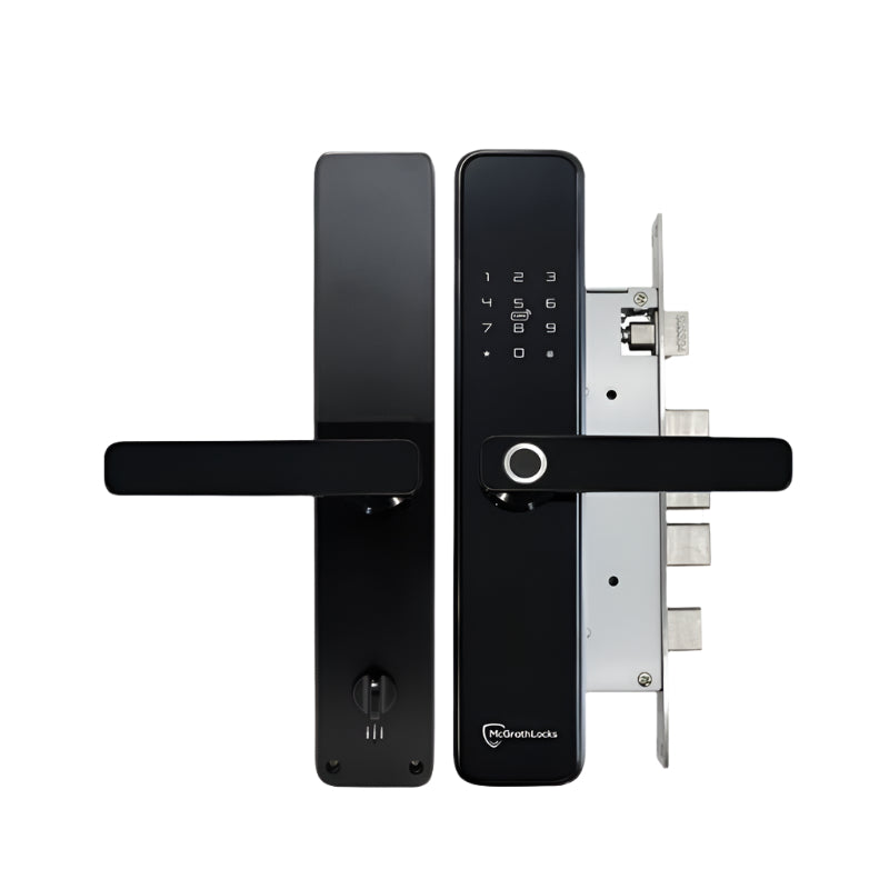 Black digital door lock with electronic keypad on a white background