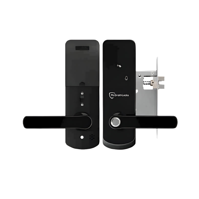 Black door lock set with digital keypad on a white background