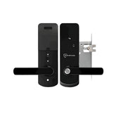 Black door lock set with digital keypad on a white background
