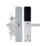 Silver door handle with electronic keypad on a white background