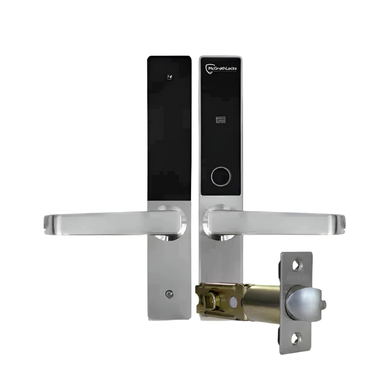 Digital door lock with metallic handle and electronic components on a white background