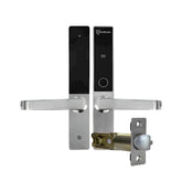Digital door lock with metallic handle and electronic components on a white background