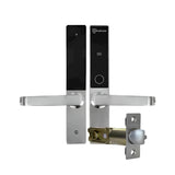 Digital door lock with metallic handle and electronic components on a white background