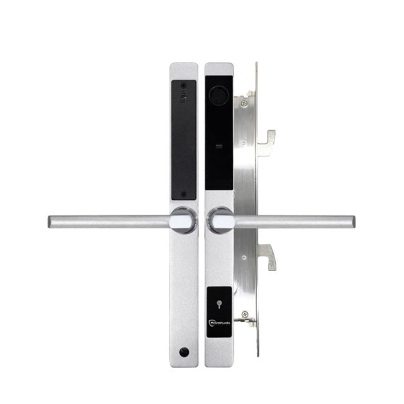Digital door handle with electronic components on a white background