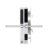 Digital door handle with electronic components on a white background