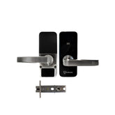 Black electronic door handle set with lock mechanism on a white background