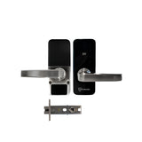Black electronic door handle set with lock mechanism on a white background