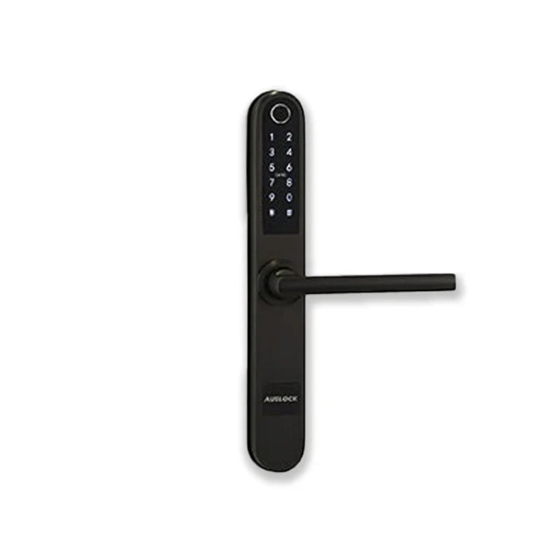 Black digital door handle with keypad on a white background