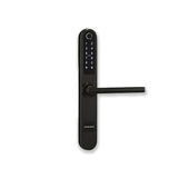 Black digital door handle with keypad on a white background