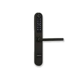 Black digital door handle with keypad on a white background