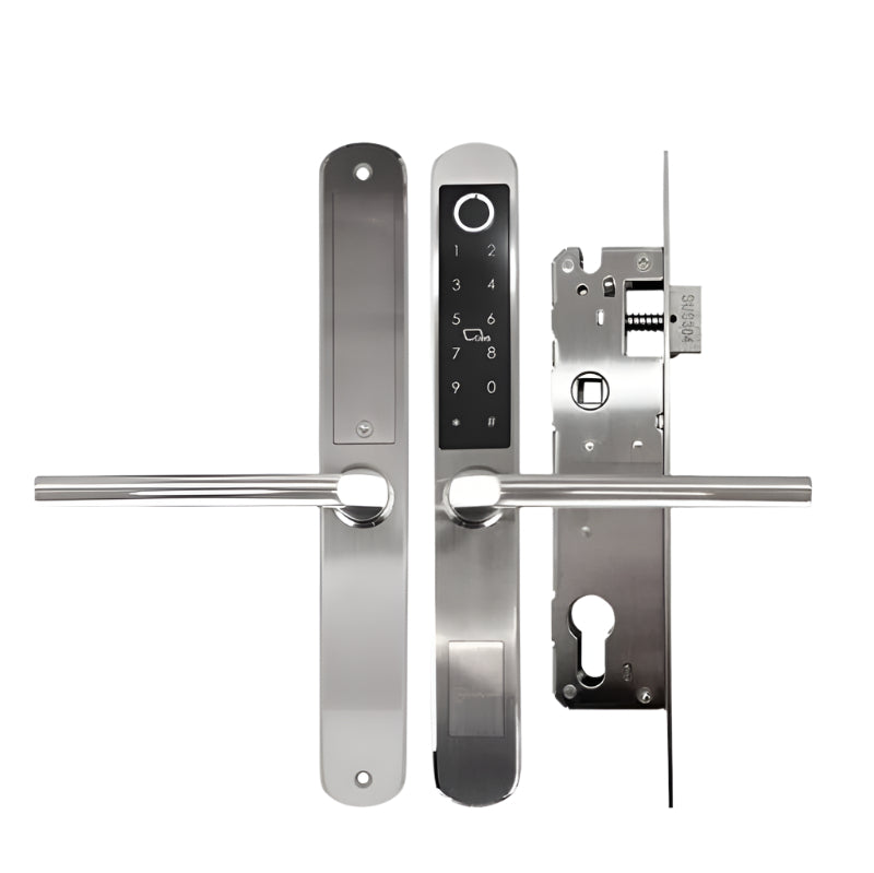 Digital door handle with electronic keypad on a white background