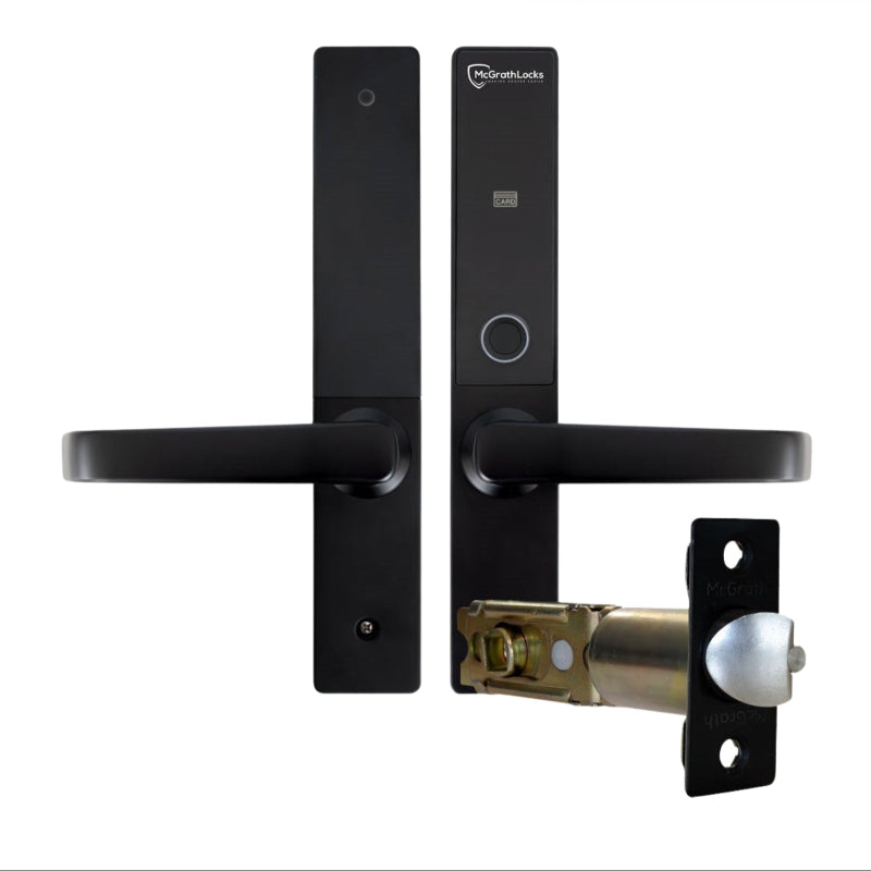 Black door handle with lock mechanism on a white background