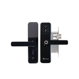 Black digital door lock with keypad on a white background