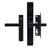 Black door handle with electronic lock on a white background