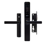 Black door handle with electronic lock on a white background