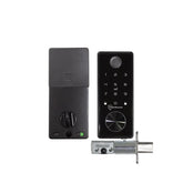 Smart door lock system with keypad, deadbolt, and lock mechanism on a white background