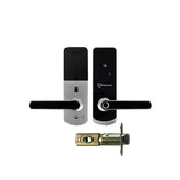 Smart door lock set with two handles and a deadbolt on a white background