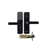 Black electronic door handle with lock mechanism on a white background