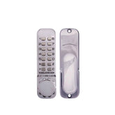 Metallic keypad lock and key fob on a white background