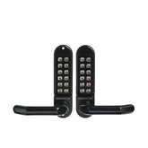 Black electronic door handles with keypad on a white background