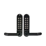 Black electronic door handles with keypad on a white background