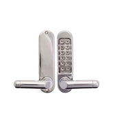 Silver electronic door handle with keypad on a white background