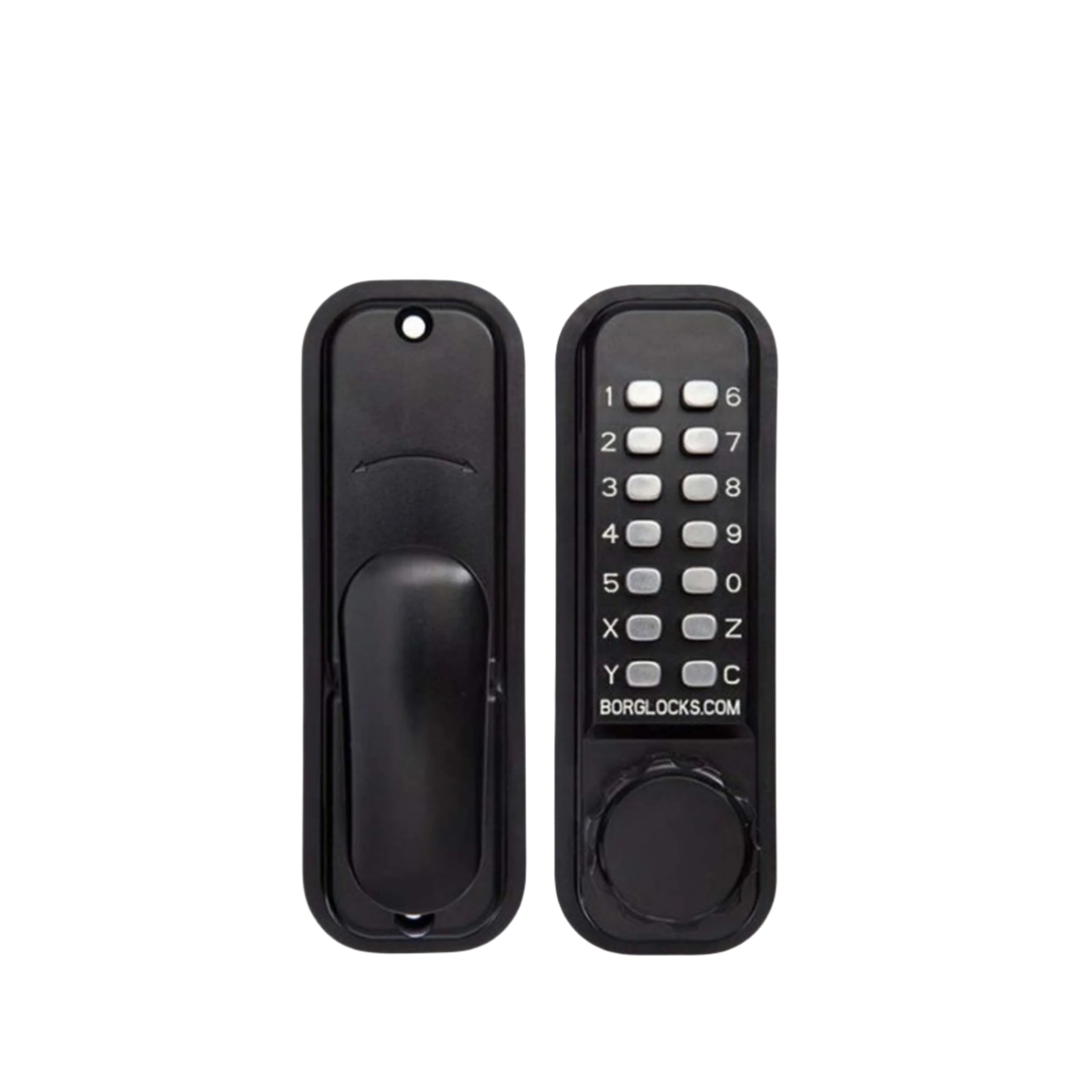Black electronic door lock set on a white background