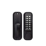 Black electronic door lock set on a white background