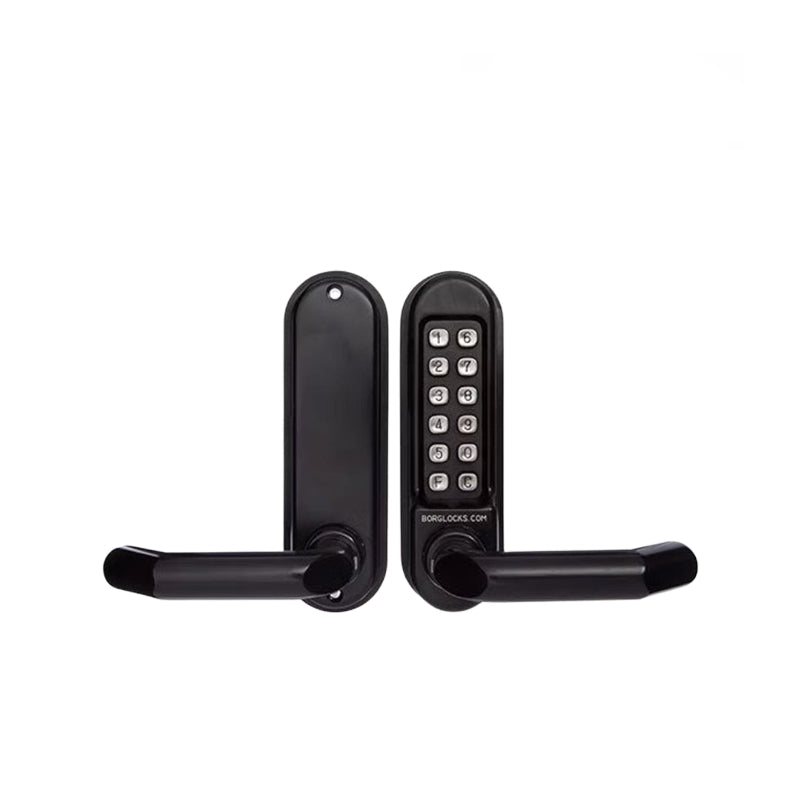 Black electronic door handle with keypad on a white background
