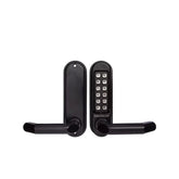 Black electronic door handle with keypad on a white background